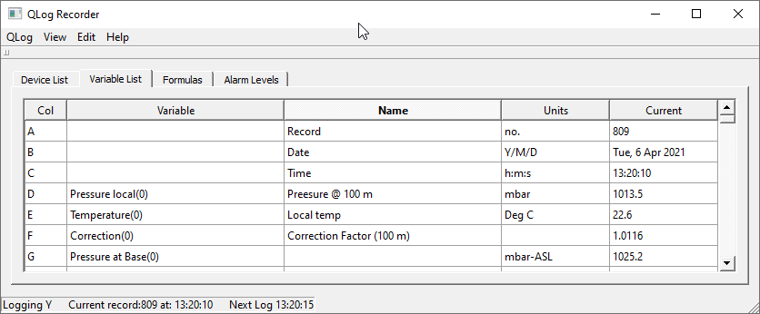 SI Units results in variable list in software